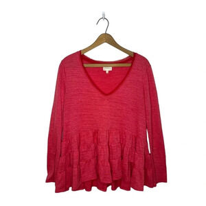 DELETTA Anthropologie Barbie Pink Ruffle Babydoll Textured V Neck Thermal Top
